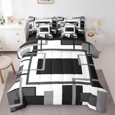 Imagem de Erosebridal Conjunto de edredom solteiro preto e branco com 7 peças para cama minimalista, preto e cinza moderno em uma bolsa, roupa de cama moderna geométrica abstrata com lençóis, colcha moderna de