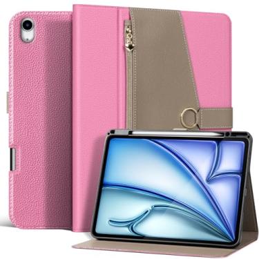 Imagem de XFYKJIN Capa de couro de microfibra premium para iPad Air de 13 polegadas (6ª geração 2024/2025 M2/M3) | Dois tons rosa e cinza com bolso com zíper, fecho de fivela, suporte para lápis, despertar