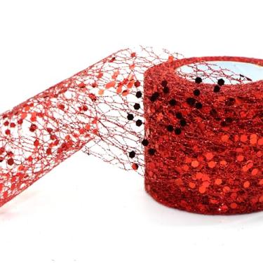Imagem de Fita de malha brilhante de 10 metros de largura de organza metálica brilhante lantejoulas tecido de tule decorativo com borda de arame para embrulho de presente de árvore de Natal (vermelho)