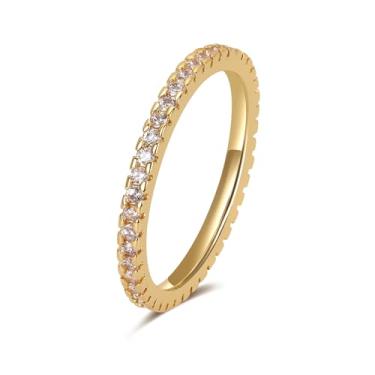 Imagem de AIPULIDUO Anéis de ouro feminino, banhados a ouro branco 18k, cravejados com pedras preciosas redondas de zircônia cúbica (Cz). Esses anéis empilháveis são presentes requintados para ocasiões