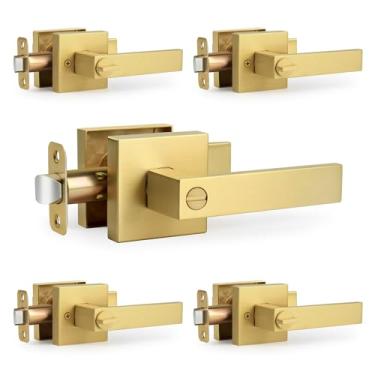 Imagem de LOQRON Pacote com 5 maçanetas de privacidade resistentes de ouro escovado com fechadura, maçaneta de porta interior de design quadrado sem chave, maçaneta reversível para fechadura de porta de quarto