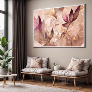 Imagem de Quadro com Moldura e Acrilico Cristal Vidro Sala Quarto Abstrato Floral Folhas Dourada Rosa Decorativo Horizontal Grande Hall