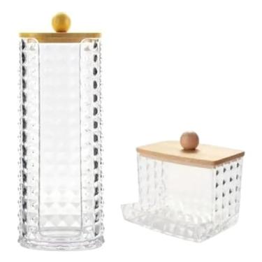 Imagem de Kit Porta Algodão e Cotonete em Acrílico Transparente com Tampa de Bambu Sustentável – Organizador Higiénico e Elegante para Banheiro, Quarto de Bebê, Skincare, Maquiagem e Penteadeira