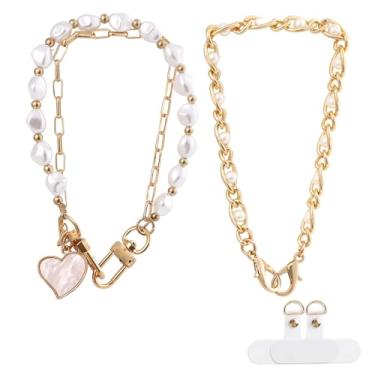 Imagem de Penitue 2 Peças de Pulseiras de Celular com Miçangas, Corrente Dupla e Pérolas Artificiais Pulseira para Celular com 2 Abas Fixação para Chaveiros Femininos