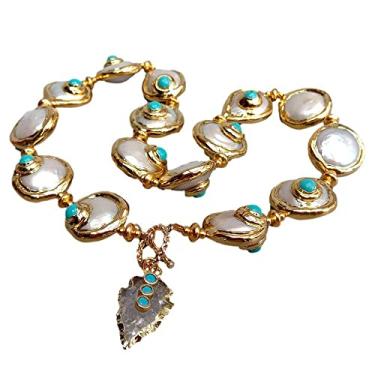 Imagem de Colar gargantilha com pingente de ponta de flecha de quartzo branco cultivado em água doce moeda branca pérola azul cristal