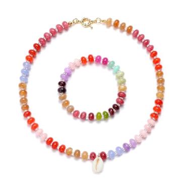 Imagem de AHLW Colar gargantilha com contas para mulheres, conjunto de pulseiras de colar de pedras preciosas coloridas boho feito à mão em tom natural acessórios de joias, Sem Pedra Preciosa