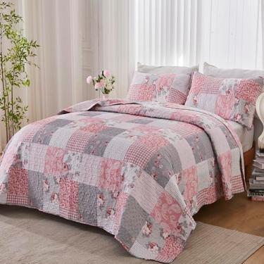 Imagem de Conjunto de colcha de cama queen tamanho casal rosa, floral, xadrez, reutilizável, acolchoado, 3 peças, cinza, flores, leve, conjunto de lençol com 2 fronhas