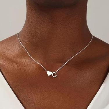 Imagem de Colar de coração banhado a ouro 18K com inicial A-Z, colares delicados de coração, pequenos colares de inicial, presentes de aniversário para mulheres, joias, C, Metal, Sem Pedra Preciosa