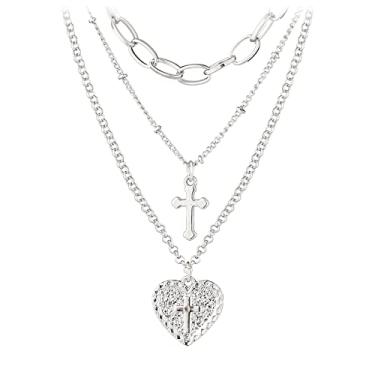 Imagem de 3 unidades modernas de colar de cruz em camadas de ouro para mulheres, banhado a ouro 14K delicado clipe de papel corrente gargantilha colares personalizados moeda coração pingente colar joia presente