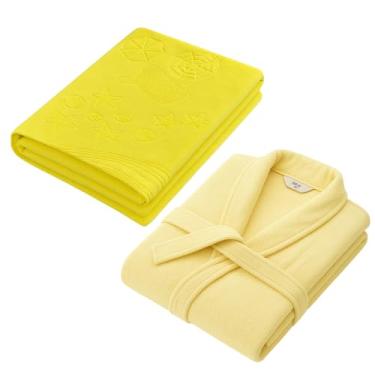 Imagem de Kit Toalha Praia + Roupão Atoalhados 100% Algodão Extra Macio Seca Rápido Piscina Anti-Cloro Seca Rápido Toque Macio Aveludado (Amarelo)