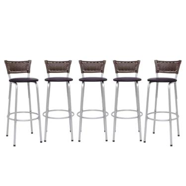 Imagem de Kit 5 Banquetas Alta Junco Argila Estrutura Prata 70cm Para Balcão Ilha Bancada Cozinha Bar Bistrô Americano - Itagold (Assento Marrom Escuro)