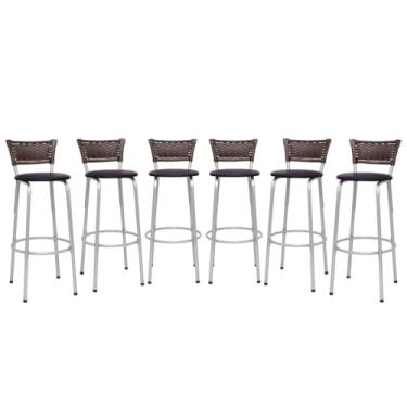 Imagem de Kit 6 Banquetas Alta Junco Argila Estrutura Prata 70cm Para Balcão Ilha Bancada Cozinha Bar Bistrô Americano - Itagold (Assento Marrom Escuro)