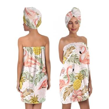 Imagem de Toalha de banho corporal com estampa de folhas de palmeira flamingo e toalha de cabelo para mulheres e meninas, conjunto de toalhas de banho macio e secagem de cabelo, secagem rápida, absorvente