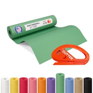 Imagem de Rolo de papel Kraft verde 30,5 cm x 30,5 m com cortador - Papel de embrulho feito nos EUA para embalagem, mudança, envio e artesanato/artes - Material de artesanato natural 100% reciclável da IDL