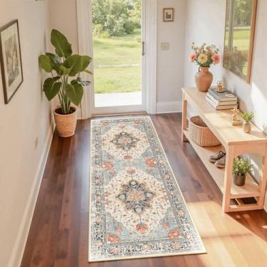 Imagem de RELEANY Tapetes de área 6 x 15 cm, lavável, antiderrapante, estampa floral, vintage, tapete medalhão para sala de estar, quarto, sala de jantar, bege, azul marinho, laranja, colorido