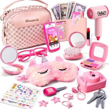 Imagem de Conjunto de maquiagem infantil Pretend Play Purse WESAYEE rosa 3-8