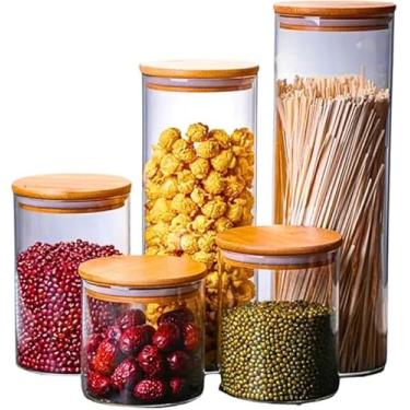 Imagem de Conjunto de 5 Potes de Vidro Herméticos com Tampa de Bambu, Organizadores para Cozinha, para Mantimentos, Grãos, Café