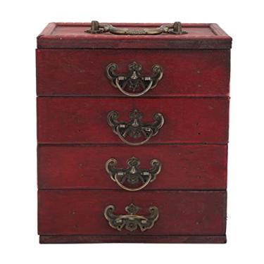 Imagem de QANYEGN Caixa de joias de madeira, gaveta de 4 camadas, caixa de armazenamento de madeira vintage, caixa de armazenamento de joias para joias, objetos pequenos, colecionáveis