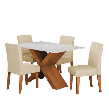 Imagem de Conjunto De Mesa Sala De Jantar Tampo Com Vidro 1,36m Grécia 4 Cadeiras Trieste Dobuê Madeirado / Bege