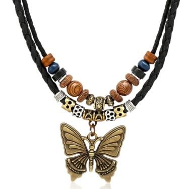 Imagem de CZMZHFC Colar Boho para mulheres, colares vintage com pingente de borboleta, contas de madeira ajustáveis, gargantilha trançada em camadas, colar de corda de couro estilo tribal moderno, presente