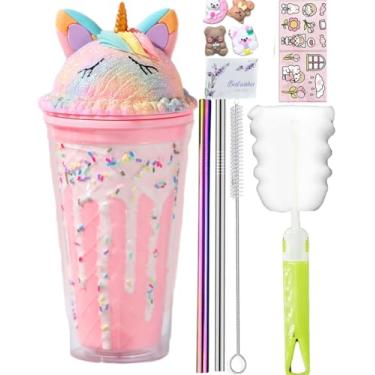 Imagem de Copos de viagem de unicórnio de chocolate com canudos, sorvete, coelhinho, bebidas, garrafa de água, orelha de biscoito, caneca de café, copo de plástico reutilizável, presente de aniversário