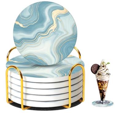 Imagem de Saraudy Conjunto de 6 porta-copos de cerâmica com suporte, estilo mármore, porta-copos absorvente para decoração de casa, carro, copos, canecas e copos (azul dourado)