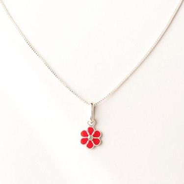 Imagem de Conj. Corrente E Pingente Infantil Prata Pura 925 Flor Rosa - Lojas La