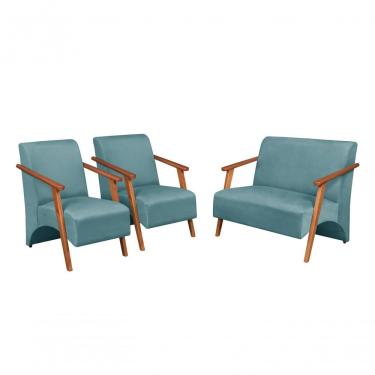 Imagem de Conjunto Venus Braços Em Madeira Maciça 1 Namoradeira 2 Poltronas Suede Unidecor Acqua