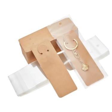 Imagem de 100 conjuntos de cartões de exibição de chaveiro marrom de 4,9 x 4,7 polegadas com sacos autoselantes porta-chaves display cartolina para chaveiros embalagem de joias