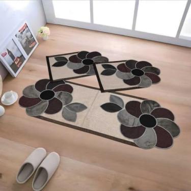 Imagem de Passadeira，Kit de Jogo de Tapete de Cozinha Antiderrapante, Tapete com Padrão Tecido com 3 Peças，Suave Ao Toque(#03 Bege Flôr marrom/mar..Café)