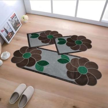 Imagem de Passadeira，Kit de Jogo de Tapete de Cozinha Antiderrapante, Tapete com Padrão Tecido com 3 Peças，Suave Ao Toque(#16 Cinza Flôr Marrom)