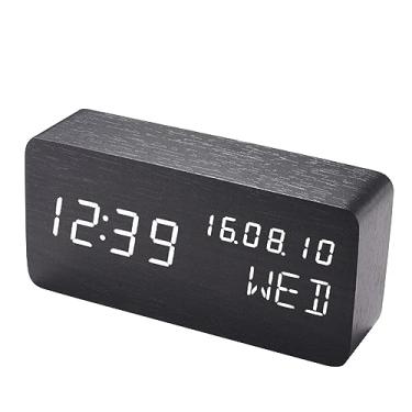 Imagem de Despertador de madeira de mesa com controle de voz Data Temperatura ajustável 3 Brilho Display LED Despertadores digitais para cabeceira do quarto