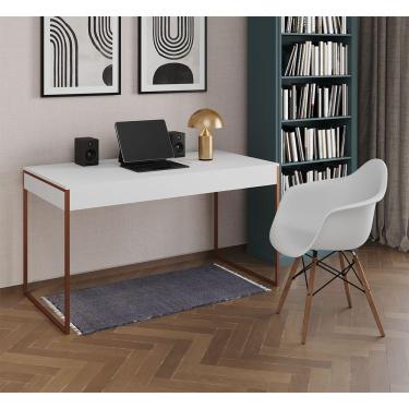 Imagem de Escrivaninha Home Office Estilo Industrial Branca 137X53Cm Base Cobre Com 1 Poltrona Branca