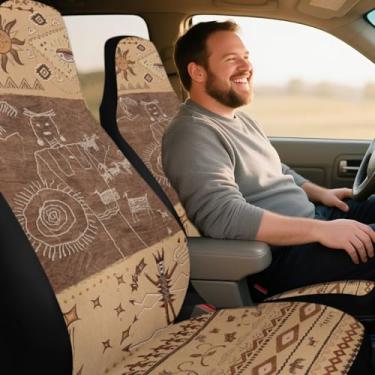 Imagem de Southwestern Petroglyph Capas de assento de carro para assentos dianteiros – Capa de assento universal rústica marrom tribal arte rock impermeável adequada para carros SUVs