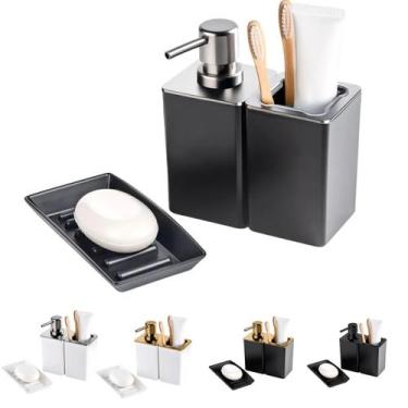 Imagem de Kit banheiro conjunto dispenser porta escovas e saboneteira cor:preto/