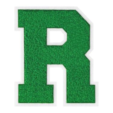 Imagem de 1 peça de patch de letra de chenille verde de 15 cm com borda branca – adesivos do alfabeto para roupas, jaquetas, mochilas, chapéus para decoração personalizada, nome personalizado e artesanato. (R)