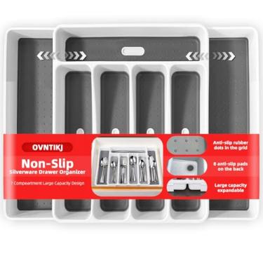 Imagem de Organizador de gaveta de utensílios expansível – Bandeja de talheres de plástico ajustável com almofadas antiderrapantes para gavetas de cozinha – Suporte de talheres para garfos, facas, colheres