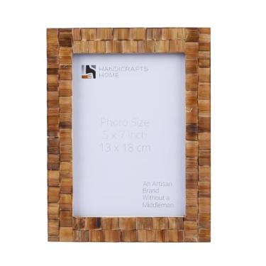 Imagem de Handicrafts Home Porta-retrato 12 x 17 cm – Design de mosaico de azulejo de bambu com incrustação de madeira feita à mão – Moldura marrom rústica para montagem na parede ou mesa – decoração de fazenda