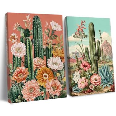 Imagem de Frimeeme Conjunto de 2 arte de parede em tela de cacto mexicano, vintage cacto deserto floral decoração de parede pinturas para sala de estar quarto banheiro 30 x 40 cm