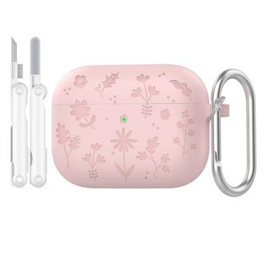 Imagem de Rertnocnf Capa compatível com AirPods 4, linda capa de flor gravada compatível com AirPod 4 2024, capa protetora à prova de choque com mosquetão e kit de limpeza de silicone macio