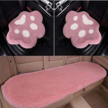 Imagem de Capa de assento de carro com estampa de pata de gato fofo para assento de carro universal de pele de carneiro falsa capa protetora de assento de carro de pelúcia macia (vermelho claro, 2 almofadas de