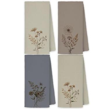 Imagem de Exqcom Toalhas de cozinha florais vintage, toalhas de chá de dente-de-leão de flor neutra para decoração de cozinha, toalha de mão decorativa botânica de flores silvestres cinza marrom, decoração de