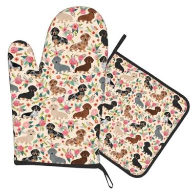 Imagem de Luvas de forno floral Dachshund e suportes de panela, luvas de forno resistentes ao calor para cozinhar, grelhar, assar, presentes para mulheres