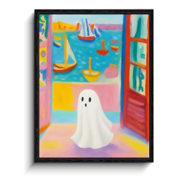 Imagem de Fantasma de folha branca por janela aberta com barcos, decoração de parede com imagens de fantasmas estilo Matisse, arte de parede fantasma emoldurada fosca, imagens engraçadas de fantasmas para casa