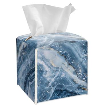 Imagem de Capa quadrada para caixa de lenços - Suporte de caixa de lenços com textura de mármore azul com cinto inferior, suporte de papel facial de couro para bancada de banheiro, mesinhas de cabeceira, mesa