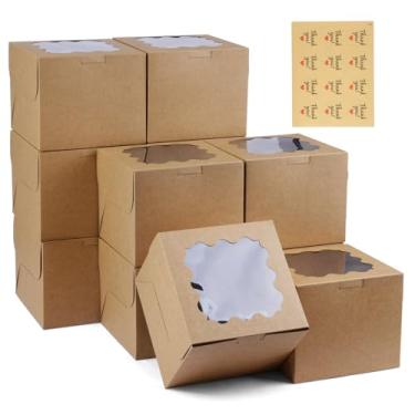 Imagem de WINKIO 12 caixas de biscoito com janela, caixas de petiscos para padaria, sobremesa, pastelaria, mini bolo, lembrancinha de rosquinha (com adesivos) (marrom, 15 x 15 cm)