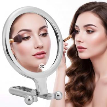 Imagem de Espelho de mão com ampliação dupla face, ampliação de 1 x 2x, espelho de maquiagem dobrável para viagem, espelho de mão com pedestal giratório ajustável para mesa de mesa em prata