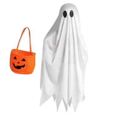 Imagem de Fantasias de Halloween para crianças, fantasia de fantasma branco cosplay infantil | com sacos de guloseimas de abóbora, roupa de férias para meninos e meninas