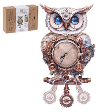 Imagem de Rnfinewow Quebra-cabeças de madeira 3D para adultos, kit de relógio de coruja 3D (com pêndulo), quebra-cabeça de madeira de coruja mecânica para adultos, adolescentes, decoração de parede para casa