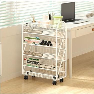 Imagem de Carrinho de livros de 6 camadas, estante de metal com rodas universais giratórias de 360°, prateleira de metal com rodinhas para biblioteca com rodas bloqueáveis para escritório, sala de estudo, casa